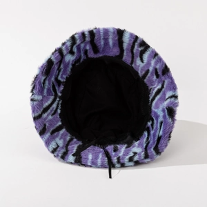 Purple and black tiger print faux fur bucket hat with adjustable inner drawstring