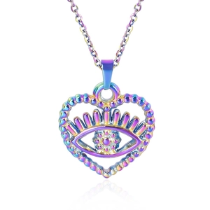 Macro shot of 18k rainbow titanium steel heart pendant with stylized eye detail