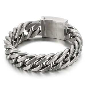 Mens silver 316L stainless steel Cuban chain bracelet with brushed industrial finish