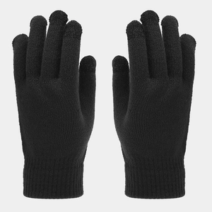 Detail of black knit winter gloves with ribbed cuffs and touchscreen compatible fingertips
