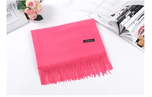 Detail of pink cashmere scarf with fringes and woven material label on a lifestyle background
