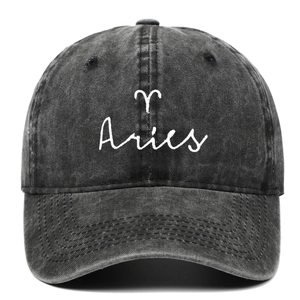 Vintage dark grey washed cotton baseball cap with white Aries zodiac embroidery