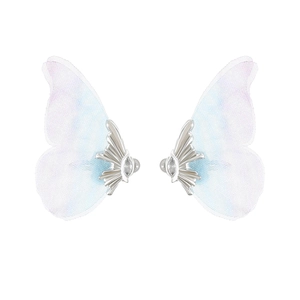 Blue ethereal butterfly ear clips with translucent gauze wings and zircon inlay for women