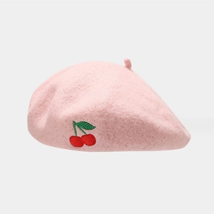 Pink wool beret for women featuring a sweet red cherry embroidery detail for autumn and winter