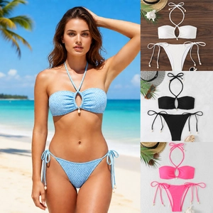 Women Bikini Top And Bottom Halter Neck Textured Nylon Swimsuit Shell Decor Side Tie Triangle Beachwear Vacation
