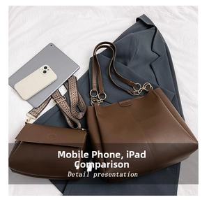 Detail view of large brown tote and crossbody bag set with patterned woven strap