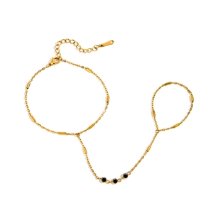 18k gold plated stainless steel ring bracelet with three black rhinestones