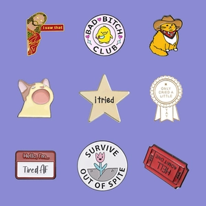 Set of 9 funny enamel pins featuring internet memes and cartoons on a purple background