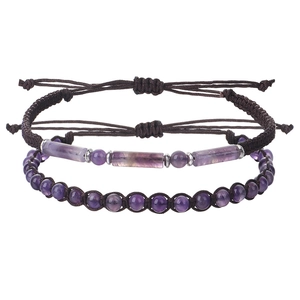 Detail of amethyst beaded bracelet set with adjustable hand-woven cords and stone tubes