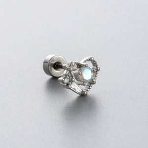 Exquisite silver heart-shaped screw-back earring with opal stone and zircon accents
