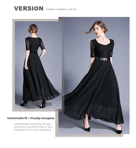 Detailed front and back view of black lace chiffon evening dress with bow belt