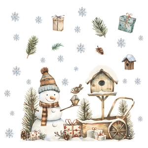 Christmas snowman and mailbox wall sticker set with festive watercolor pine and gift boxes