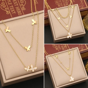 Layered Butterfly Necklace Gold Plated Stainless Steel Shell Mother Of Artificial Pearl Multi Chain For Women Jewelry