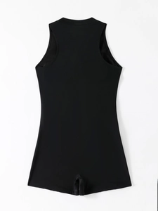 Detailed front view of a black high-neck sleeveless one-piece plus size surfing swimsuit