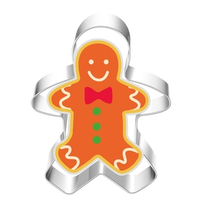 Detail view of gingerbread man cookie cutter in silver stainless steel with glossy finish