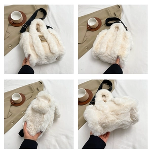 Detail shots of a plush cream tote bag with black strap and Have a Nice Day patch