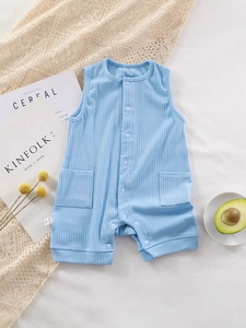 Light blue sleeveless infant romper in breathable ribbed cotton with button closure