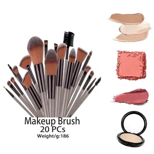 20-piece makeup brush set with dark gray handles and brown gradient bristles on white background