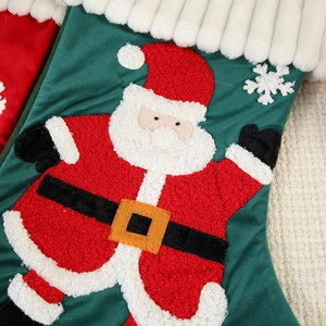 Large embroidered Christmas stocking with Santa Claus patchwork for wall hanging decor