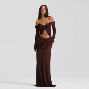 Detail of deep brown off-shoulder dress featuring ruched waist and front cutout accents