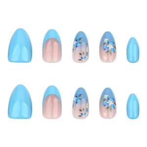 Blue gradient French press-on nails with floral art and minimalist almond shape