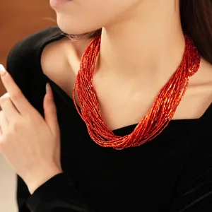 Collana girocollo multistrato con perline rosse in stile vintage francese da donna