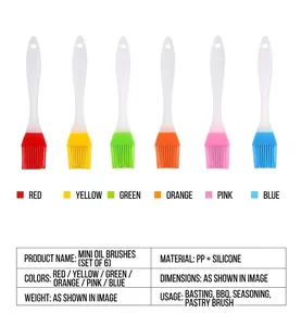 Detailed view of 6 colorful silicone pastry brushes with PP handles for BBQ and baking