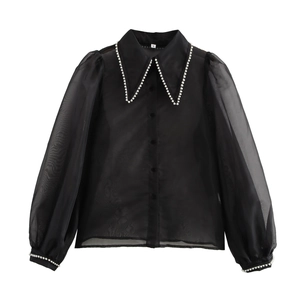 Women Elegant Black Sheer Organza Blouse Artificial Pearl Trim Lapel Collar Long Puff Sleeve Loose Button Up Mesh Top