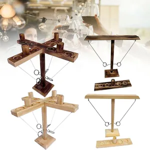 Handmade wooden hook and ring toss game set with scoring stand for tabletop party fun