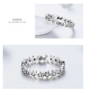 Close-up of S925 sterling silver star ring with shimmering pave zircons in two angles