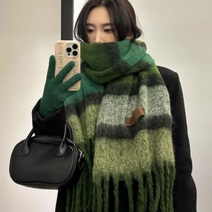 Green gradient plaid knit scarf with mohair texture and soft fringe tassels