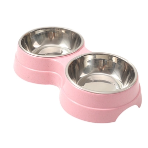 Pink double stainless steel pet feeder bowls for food and water with non-slip base
