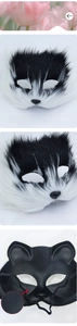 Detail of bicolored faux fur texture and non-slip back shell on the cat mask
