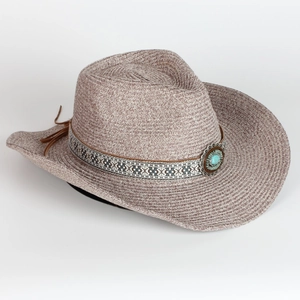 Cappello fedora in paglia stile etnico con ornamento turchese e design da cowboy