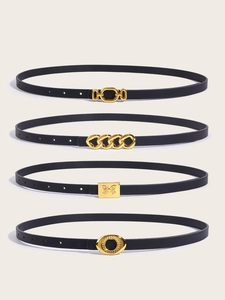 Four-piece set of thin black women's belts with elegant gold buckles in various designs