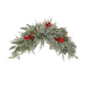 Luminous Christmas garland with PE red berries, pine cones and green eucalyptus leaves