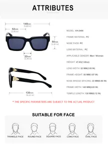 Detailed size specifications for square frame sunglasses showing frame and lens dimensions