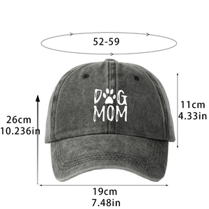 Casquette de baseball délavée grise avec imprimé DOG MOM et spécifications de taille