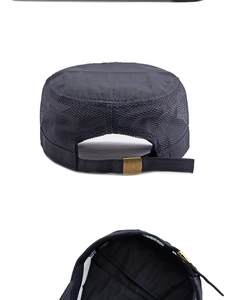 Detail of breathable mesh sides and adjustable brass buckle on the dark flat top army cap