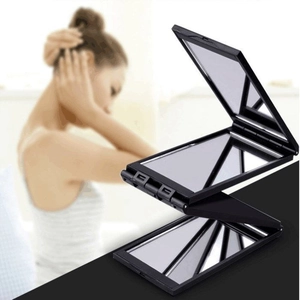 Portable black 4-way folding makeup mirror for full 360 degree hair styling views
