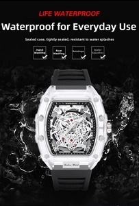 Waterproof tonneau-shaped transparent watch featuring complex mechanical skeleton dial