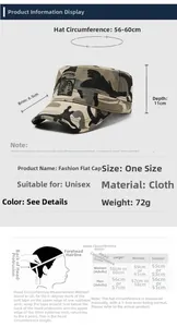 Size chart showing flat top camo cap dimensions and head circumference measuring guide