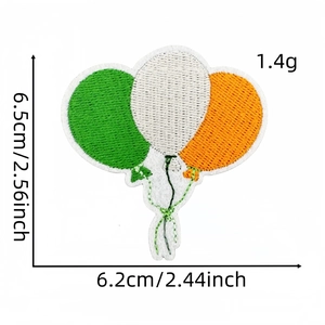 Detailed embroidery patch showing dimensions of 6.5cm green balloon festive badge
