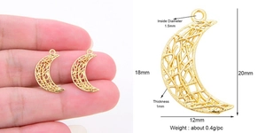 Detailed view of handmade copper gold crescent moon lace pendant for DIY jewelry making