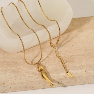 Golden seahorse pendant necklace in stainless steel with elegant snake chain for women