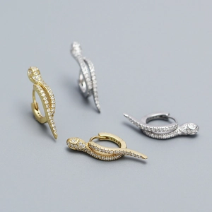S925 silver snake-shaped earrings set with sparkling crystals in gold and silver