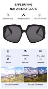 Macro detail of square black sunglasses showing anti-UV lenses and HD polarized vision