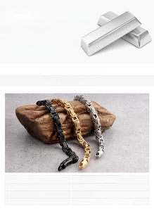 Detail of 316L titanium steel Byzantine chain bracelet in gold, steel and black colors