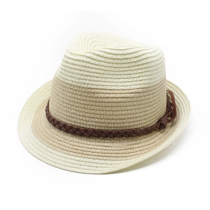 Detail of two-tone straw Panama hat with a woven brown leather band and fine texture