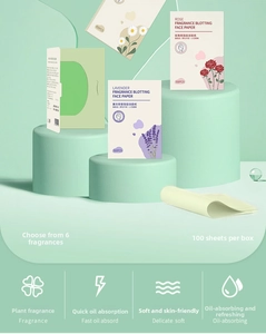 Detail of 100-sheet portable oil blotting paper boxes in assorted floral scents